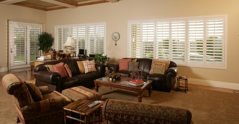 Austin great room with white shutters.